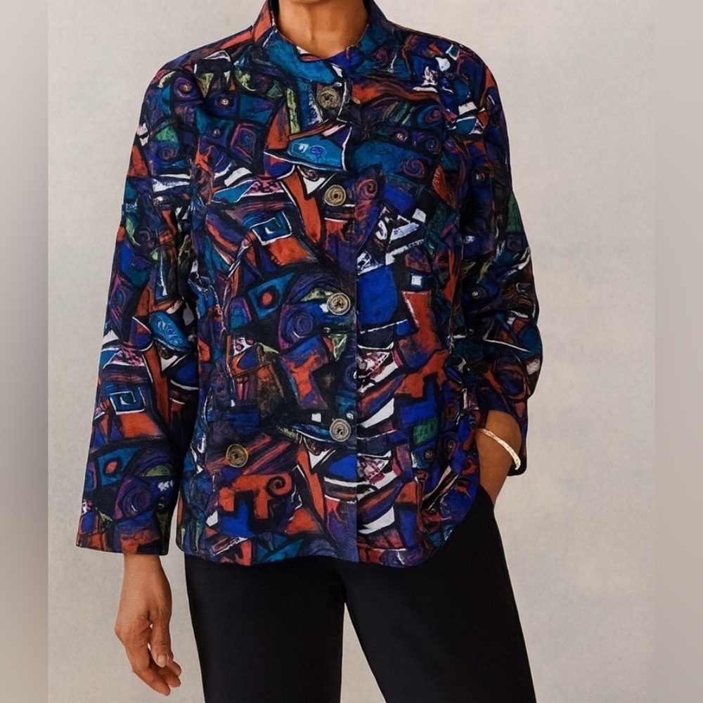 Chicos Womens sz 3 Abstract Print Button Statement Jacket Blazer Bold Colorful